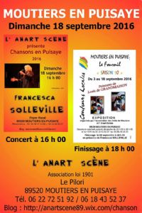 Francesca Solleville à Moûtiers,  en Puisaye. Le dimanche 18 septembre 2016 à MOUTIERS. Yonne.  16H00